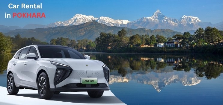 car in the phewa lake with the pokhara background